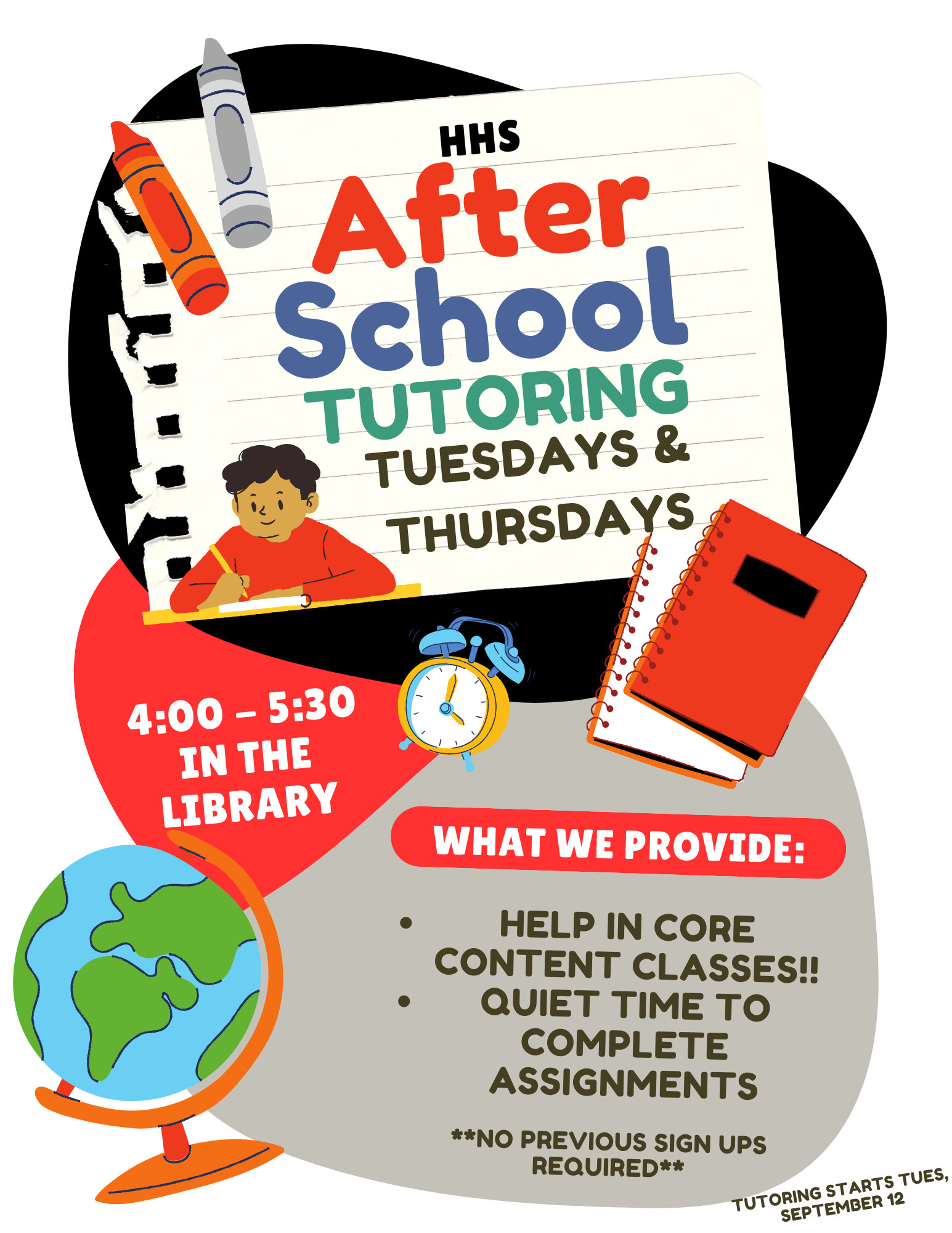 Flyer includes all information in the announcement. It is colorful with a cartoon student working, globe, crayons, and notebooks.